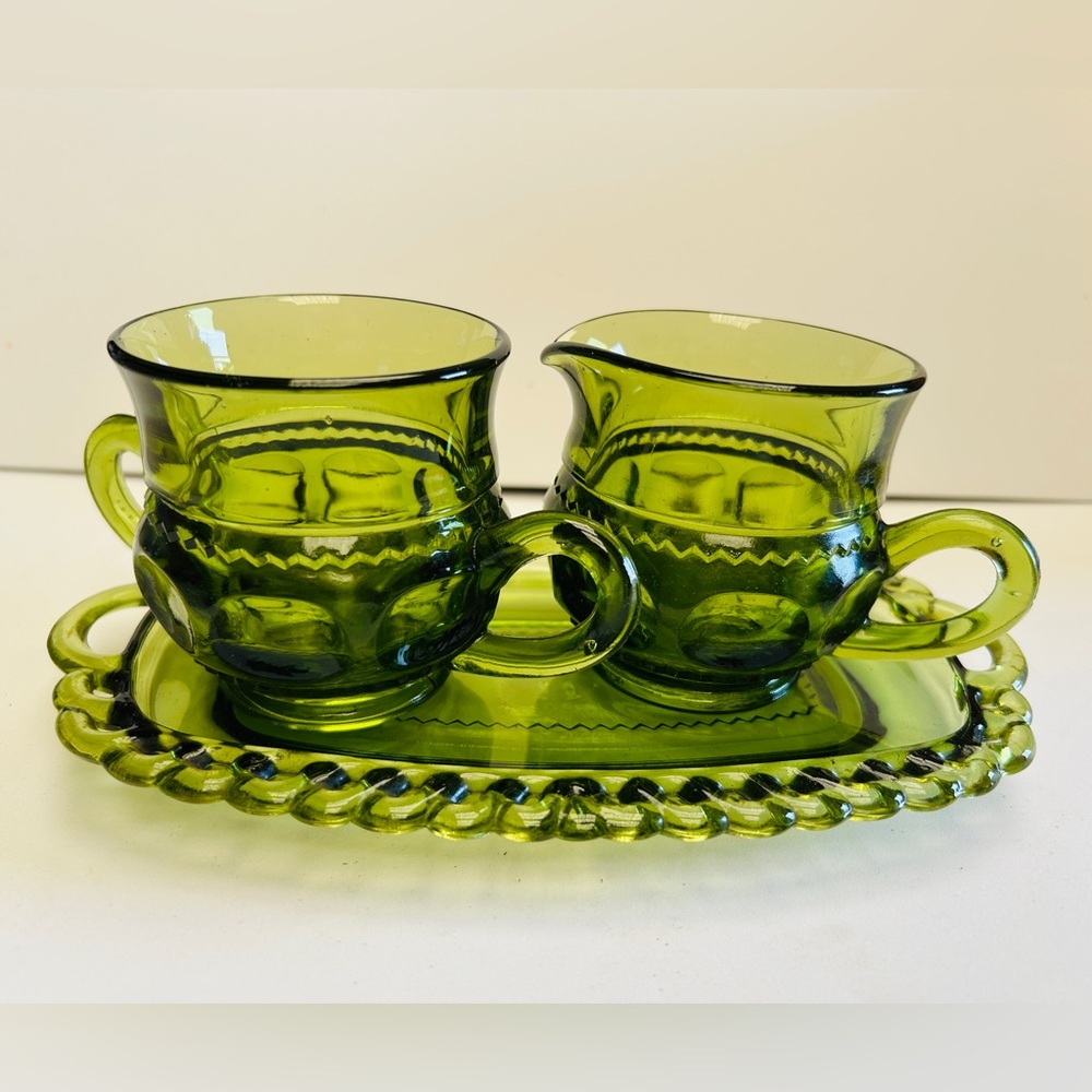 Vintage creamer, sugar bowl & underplate. Indiana Glass Kings Crown Thumbprint.